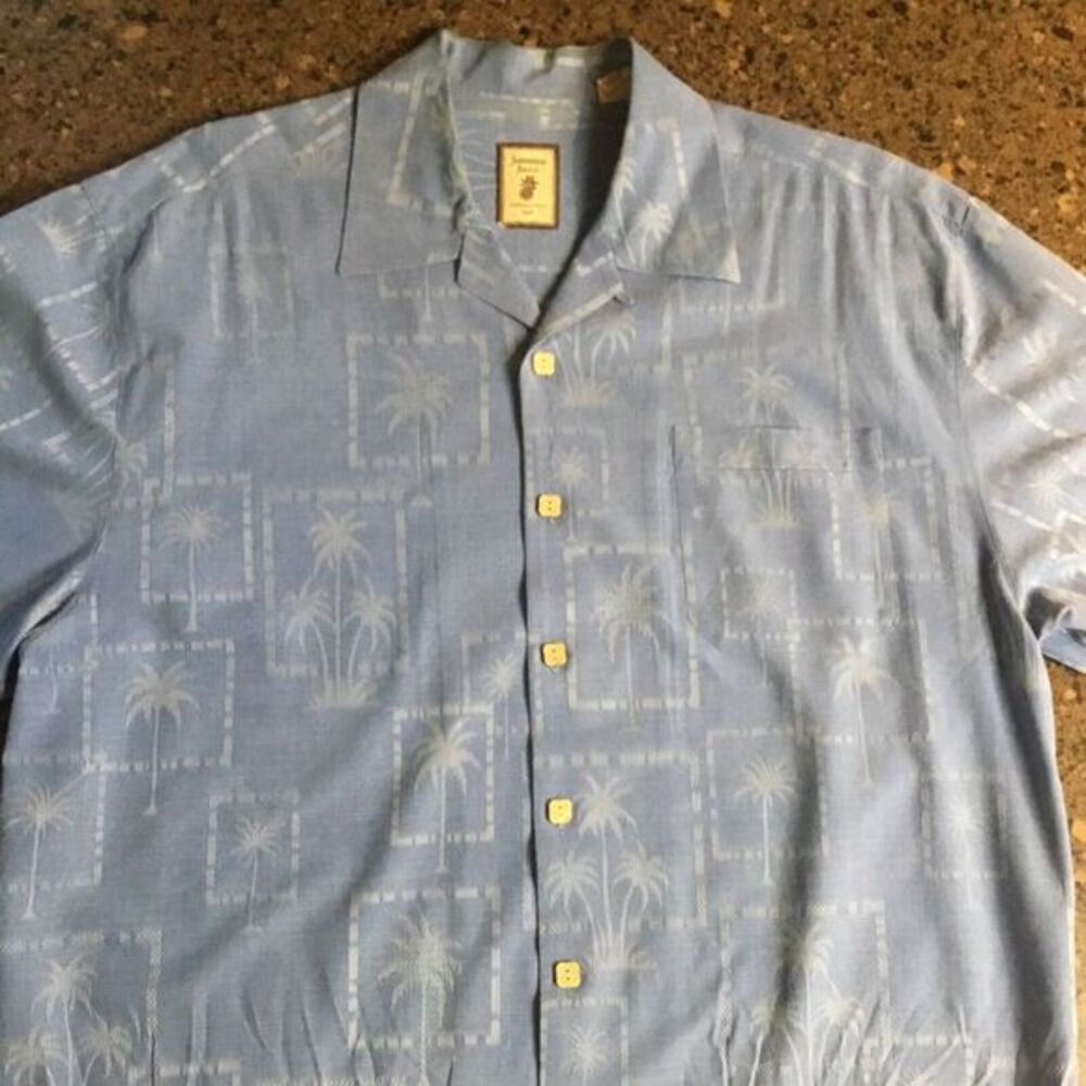 Jamaica Jaxx Light Blue Palm‎ Tree Silk Short Sleeve Button-Up Shirt For Men, L